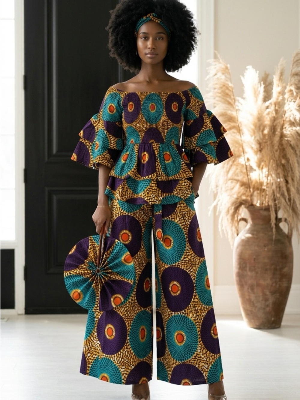 5-Piece African Ankara Pant Set – Purple & Turquoise Elegance